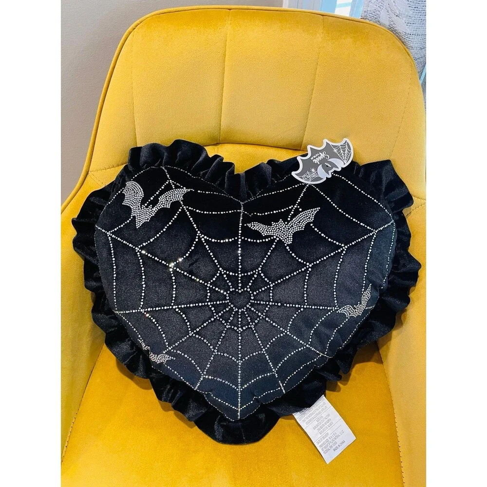 NEW Spooktakular Black Heart with Rhinestone Bats and Spiderweb Halloween Pillow